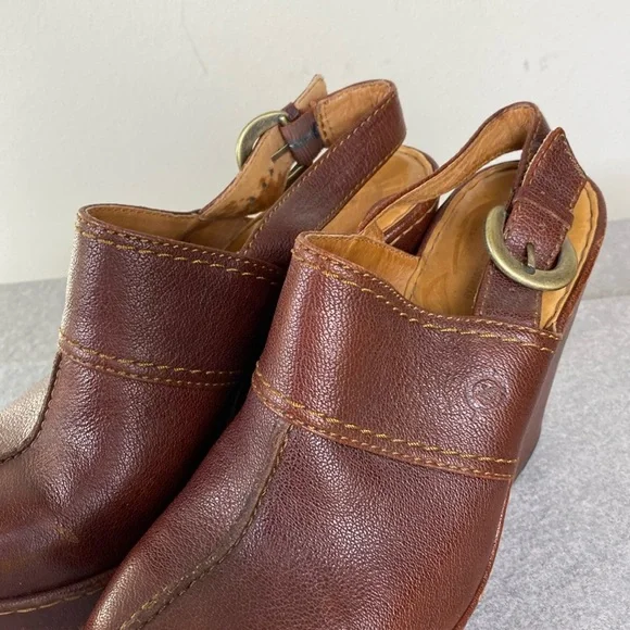 Born Brown Leather Clog Wedge Heels Mules Size 8 -100% leather - Picture 2 of 6